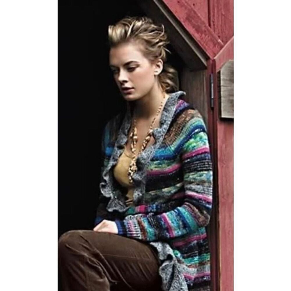 Anthropologie Multicolor Striped Ruffle-Trim Cardigan